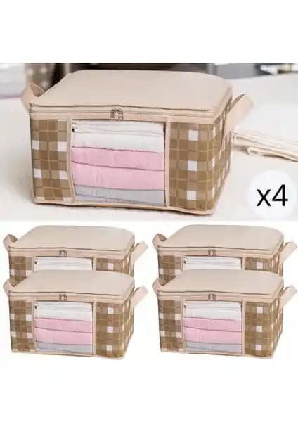 Nacarev Pencereli Ekose Bej Hurç Seti 4 Adet Ev İçin Pratik ve Şık Saklama Çözümü