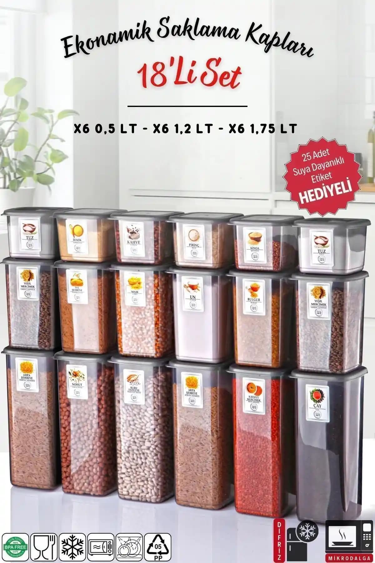 Nandy Home 18'li Antrasit Saklama Kabı Seti Dayanıklı ve Şık Mutfak Düzeni Çözümü