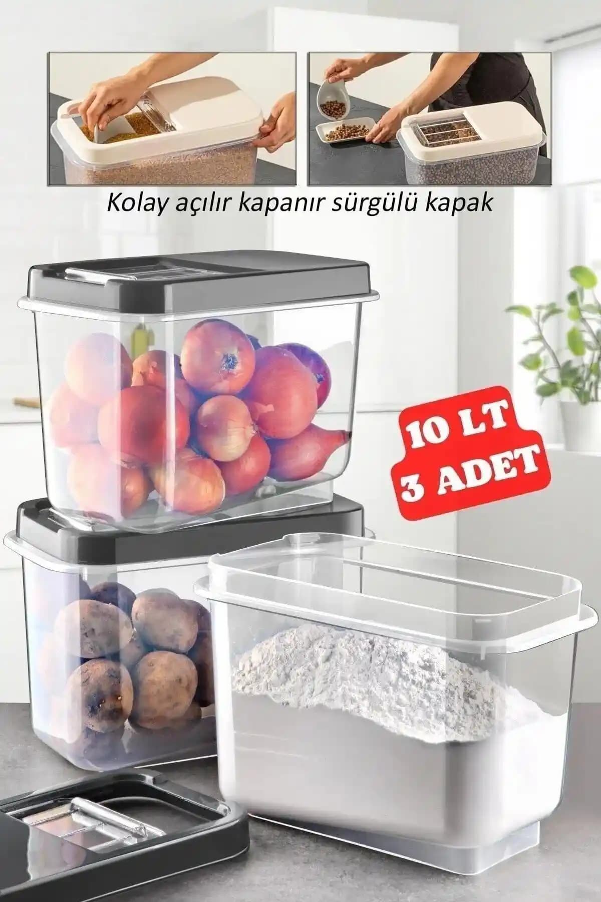 Nesto Home 3'lü Çok Amaçlı 10 Lt Saklama Kabı Seti Gıda ve Mutfak Düzeni İçin
