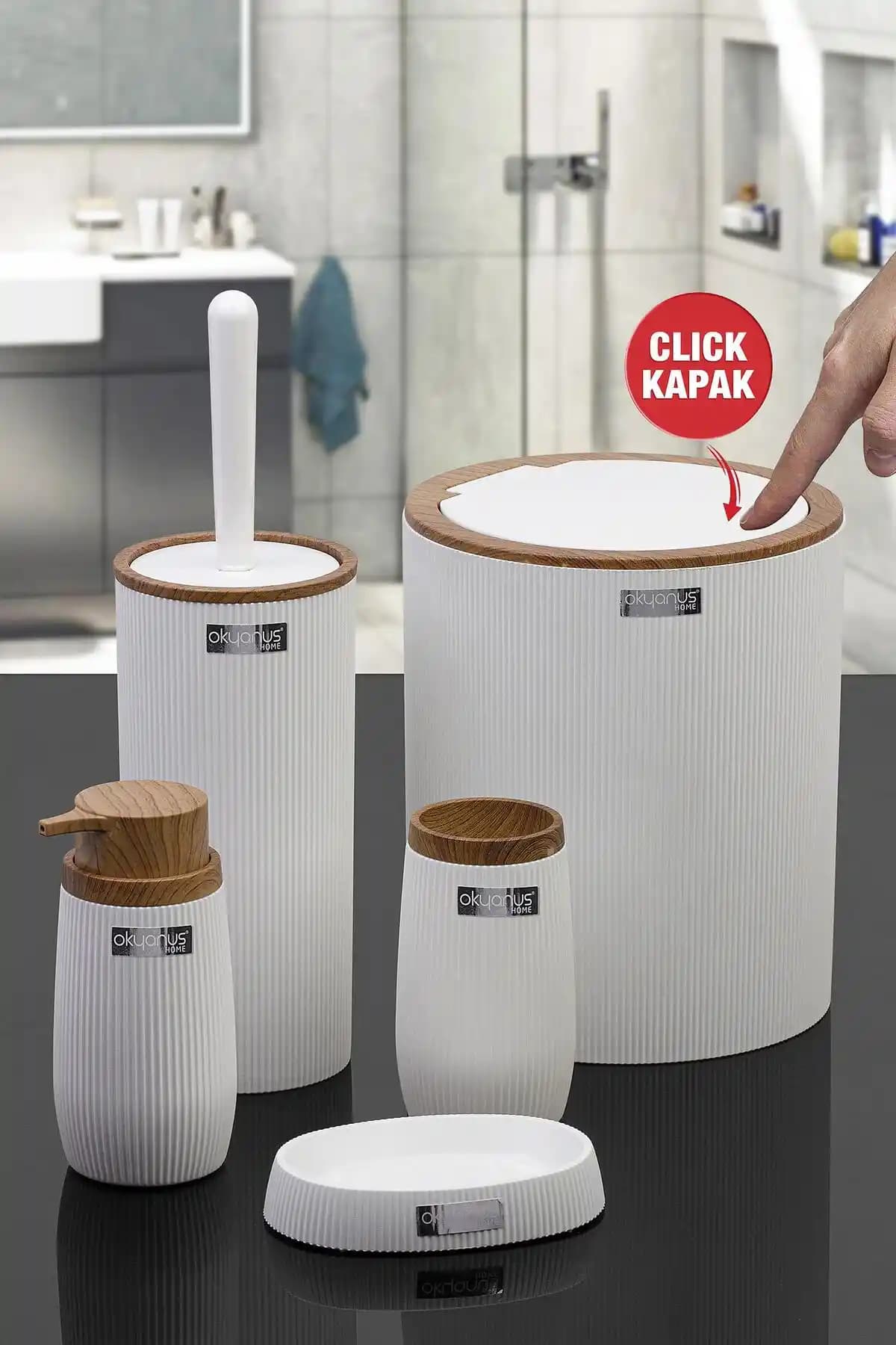 Okyanus Home Beyaz Ahşap Çizgili 5'li Banyo Seti Modern ve Şık Tasarımıyla Dikkat Çekiyor