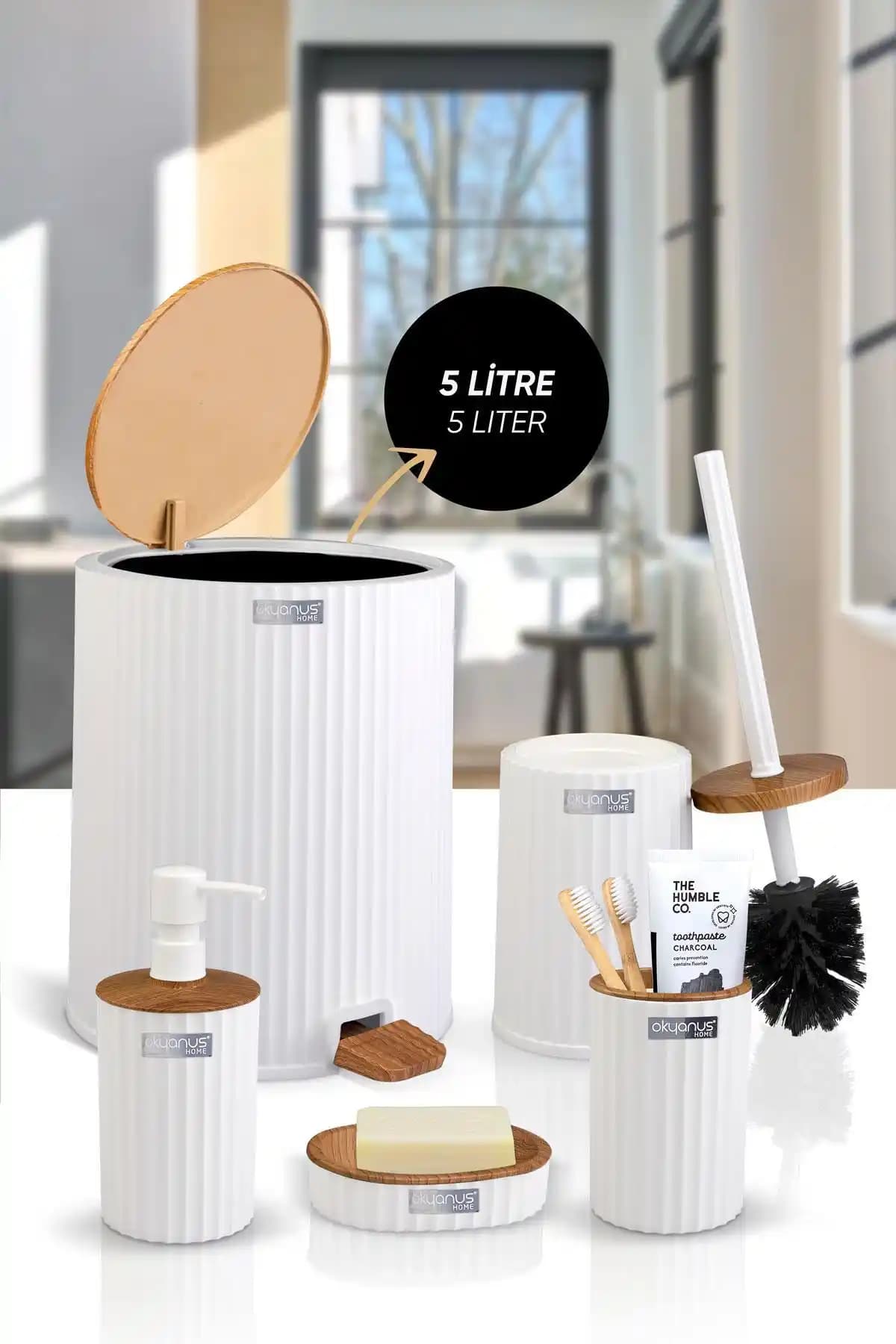 Okyanus Home Coliseum Beyaz Ahşap Desenli 5'li Banyo Seti Modern ve Şık Tasarım Özellikleri