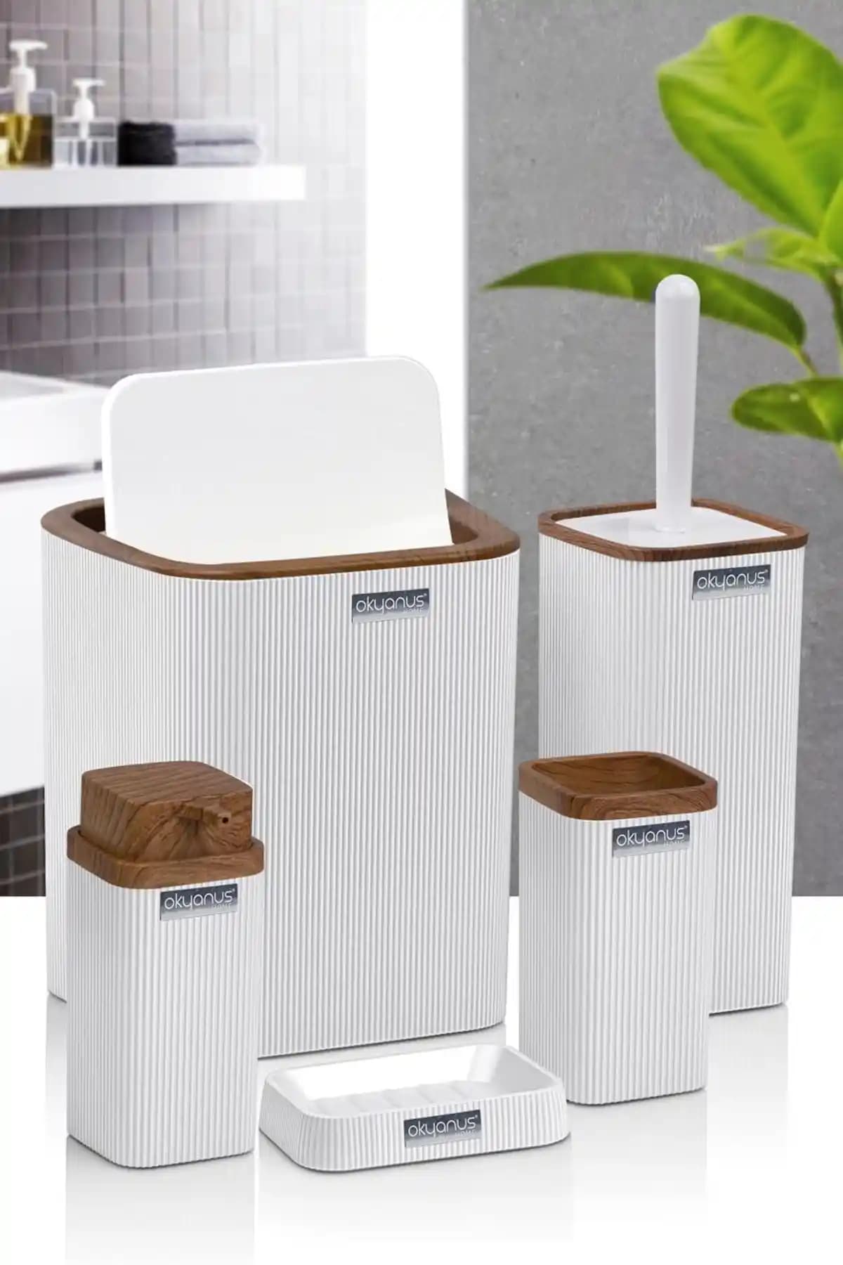 Okyanus Home Stella Beyaz Ahşap Desenli 5'li Banyo Seti Modern ve Şık Tasarımıyla Dekorasyonunuza Uyum Sağlar