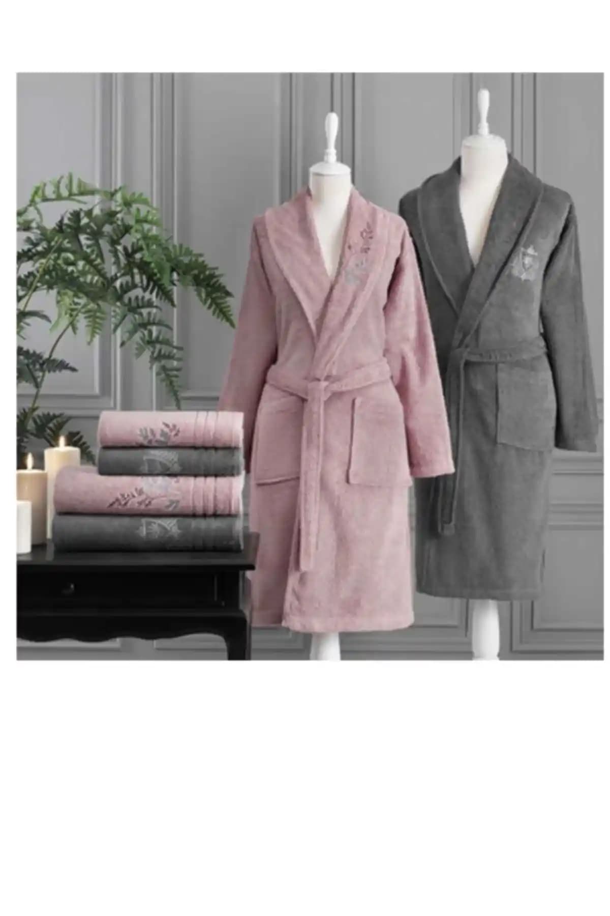 Özdilek Soft Leaf Aile Bornoz Seti Antrasit ve Pembe Renk Seçenekleriyle Konfor ve Şıklık