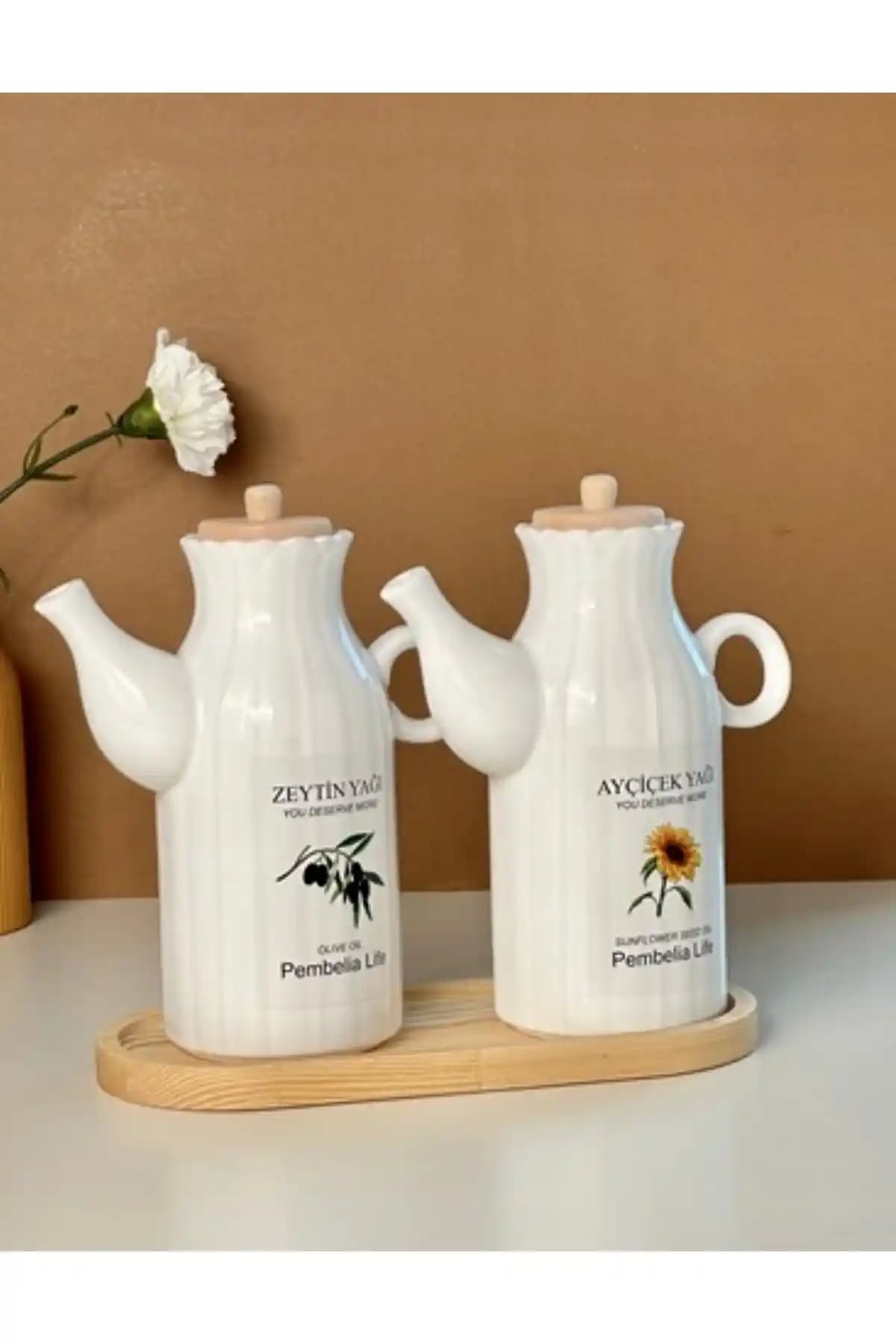 Pembelia Life 2 Adet 1 Lt Porselen Yağdanlık ve Bambu Altlık Seti Modern ve Şık Mutfak Dekoru