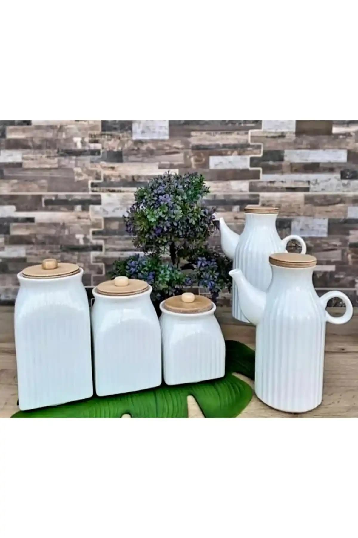 Pembelia Life 5 Parça Porselen Yağdanlık ve Saklama Kabı Seti: Şık ve Fonksiyonel Mutfak Gereçleri