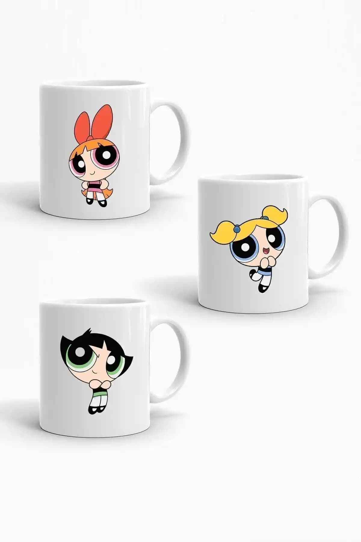 Powerpuff Girls Temalı 3'lü Porselen Kupa Seti Renkli ve Nostaljik Tasarım