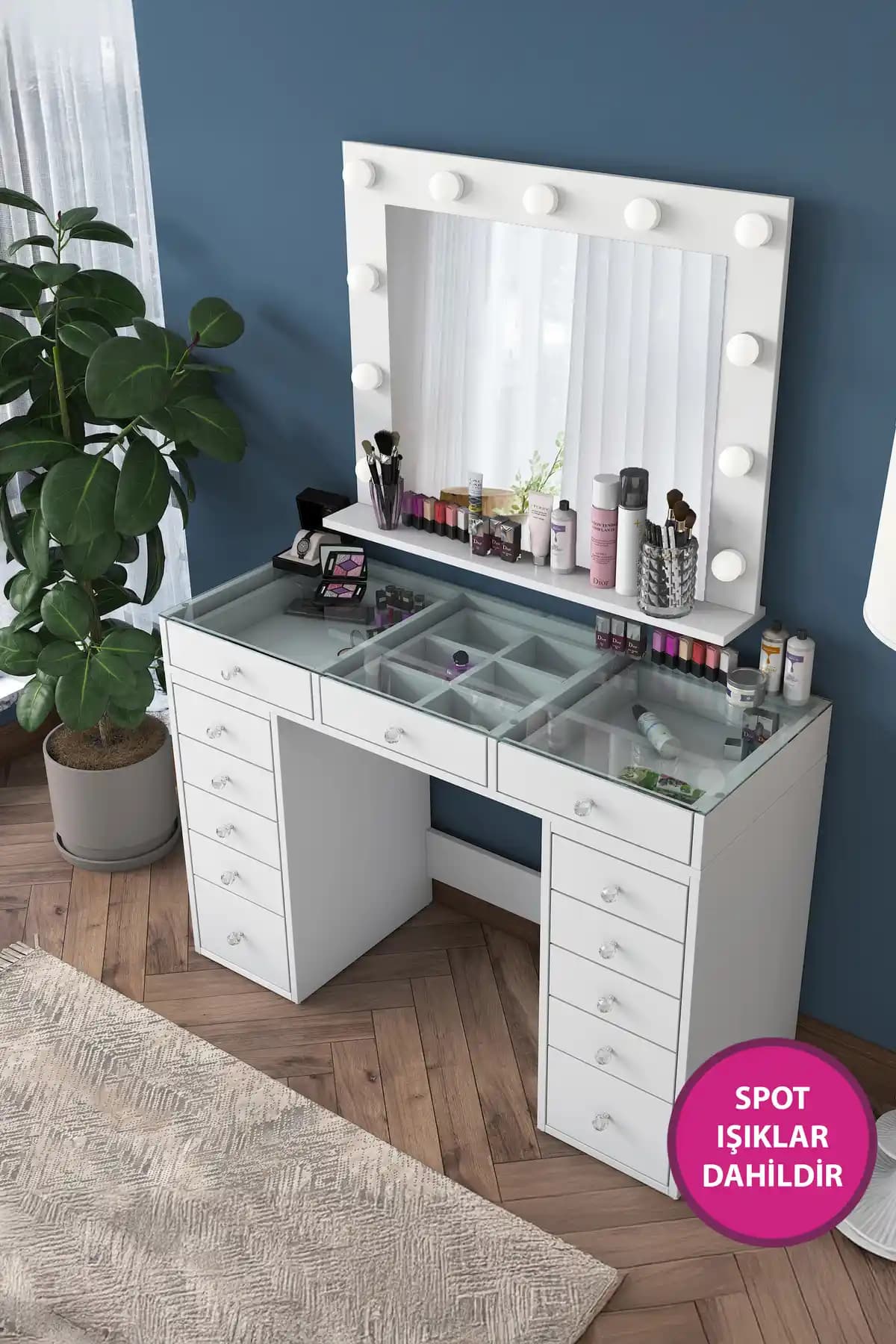 Rani Bj118 Hollywood Işıklı Aynalı Kulis Makyaj Masası Modern Tasarım ve Fonksiyonellik