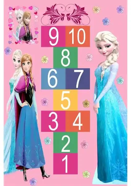 Resmiro Elsa Seksek Oyun Desenli Dijital Baskılı Kaymaz Halı 8.5 mm Yıkanabilirlik Özelliğiyle