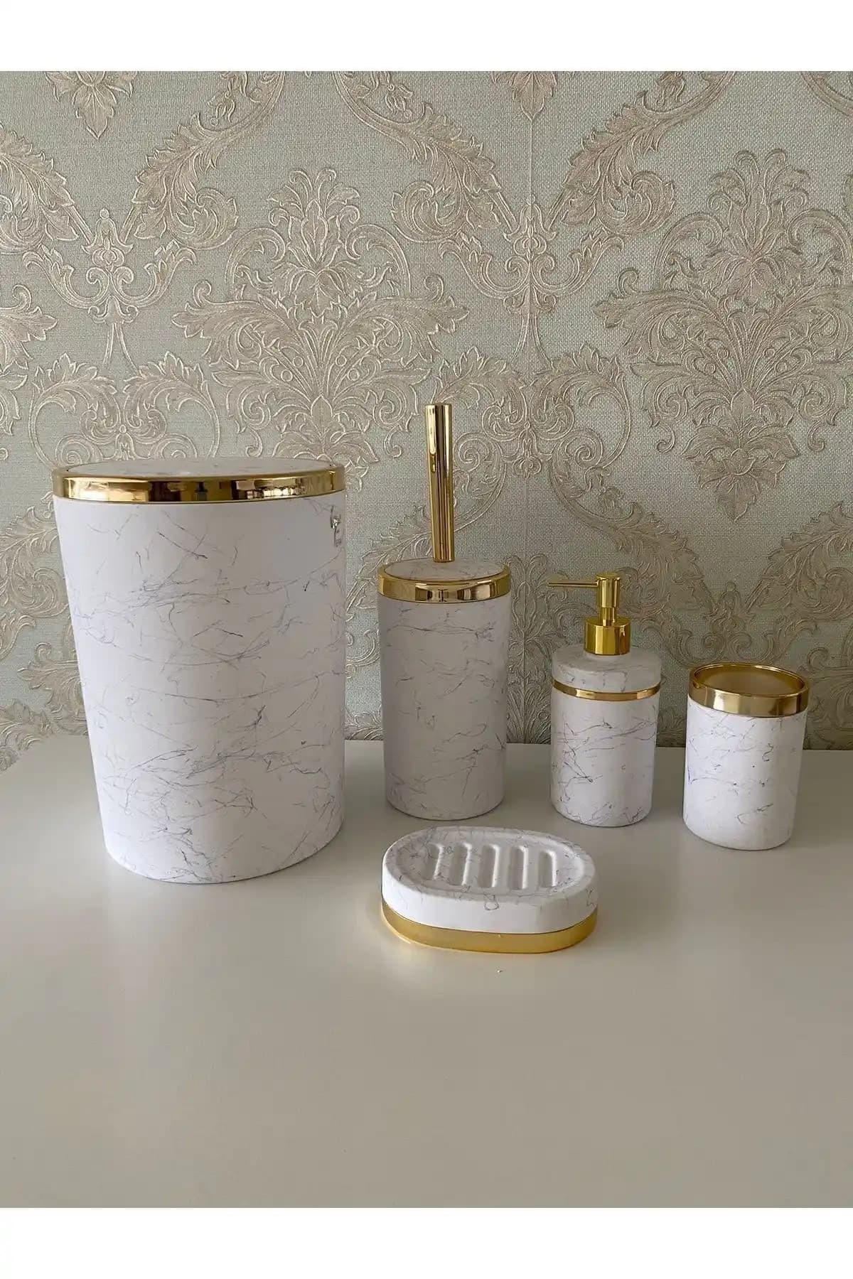 Trend Banyo Mutfak 5 Parça Mermer Desen Mat Banyo Seti Estetik ve Fonksiyonellik Bir Arada