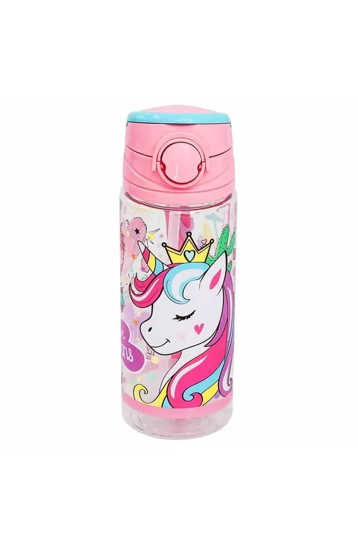 Unicorn Lisanslı Pipetli Plastik Matara 500 ml Pembe Günlük Kullanım İçin Pratik ve Şık Tasarım