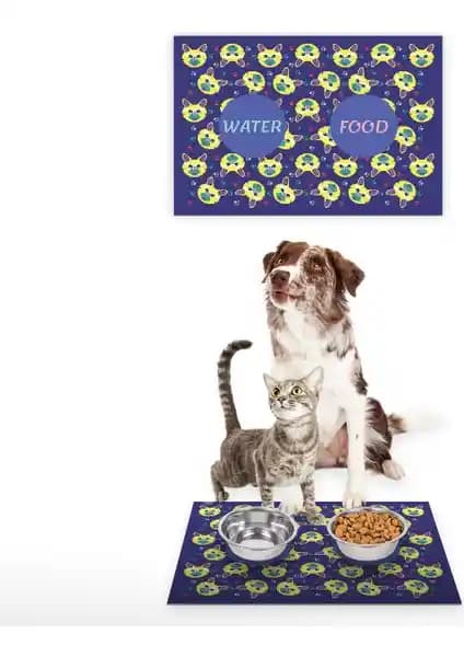 Vagonik Water Food Kedi Köpek Desenli Dijital Baskılı Dekoratif Paspas 35x50 cm