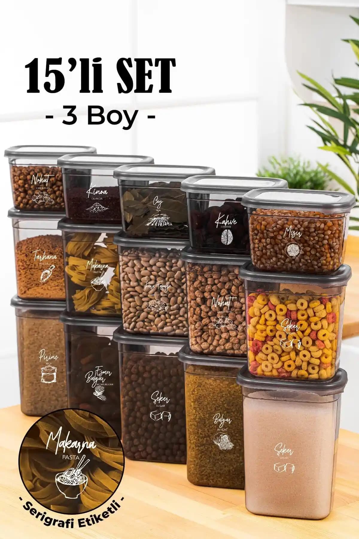 Vienev Beyaz Serigrafi Etiketli 15'li Saklama Kabı Seti Mutfak Düzeni ve Hijyen İçin