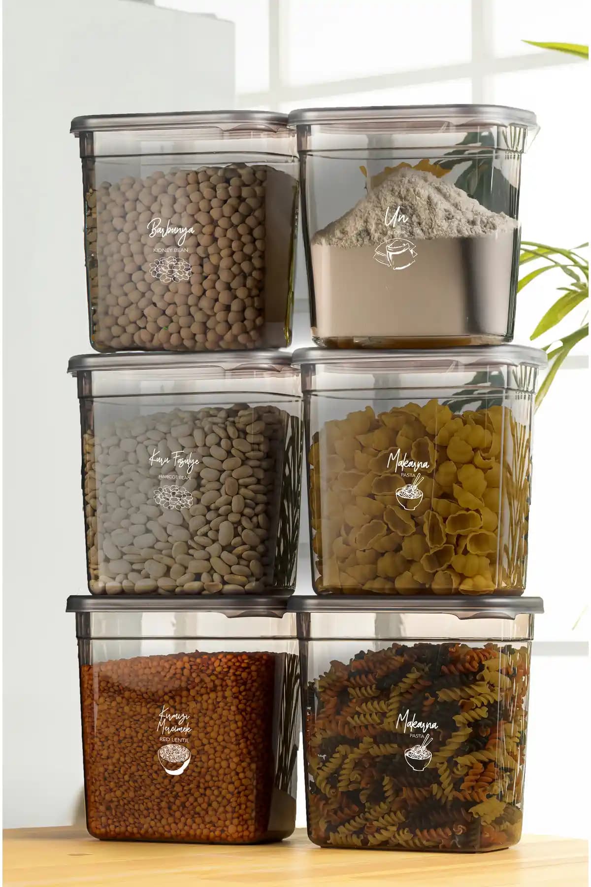 Vienev Beyaz Serigrafi Etiketli 6'lı Maxi Boy Saklama Kabı Seti 2 Litre Antrasit