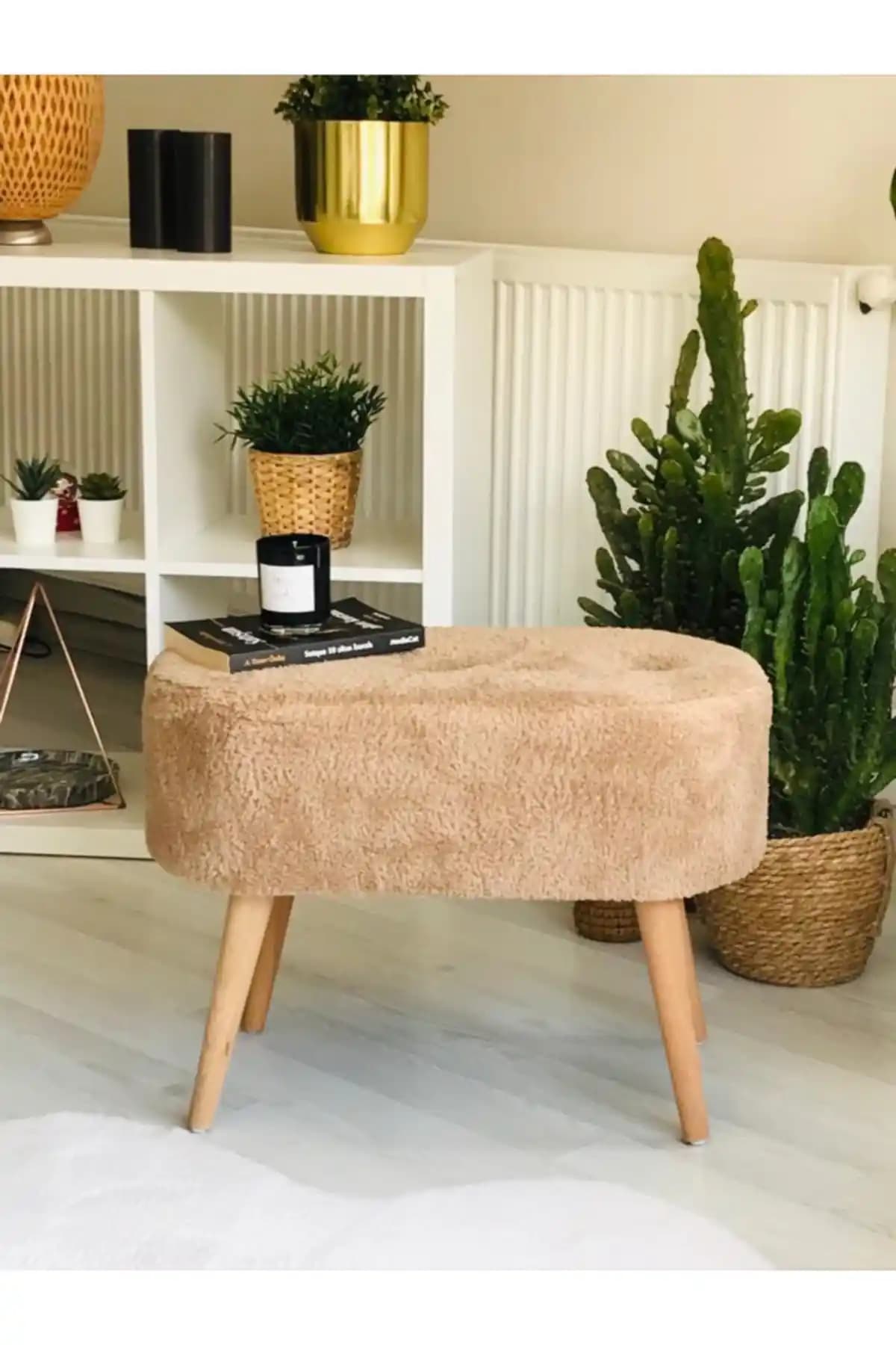 WEBPANYA Gürgen Ahşap Ayak Tedy Kumaş Oval Puf Modern ve Dayanıklı Tasarım