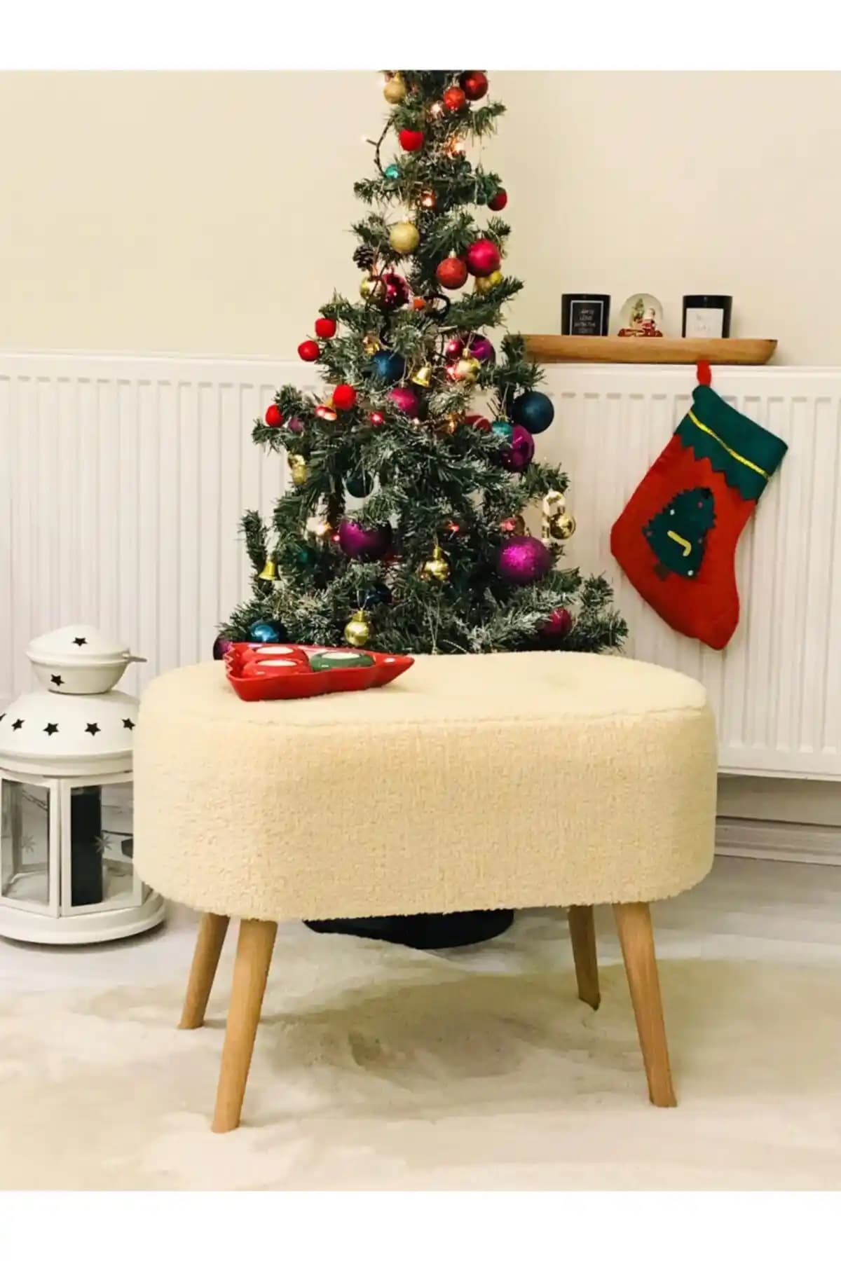 WEBPANYA Gürgen Ahşap Ayaklı Oval Kumaş Puf Bench Modern ve Dayanıklı Tasarım