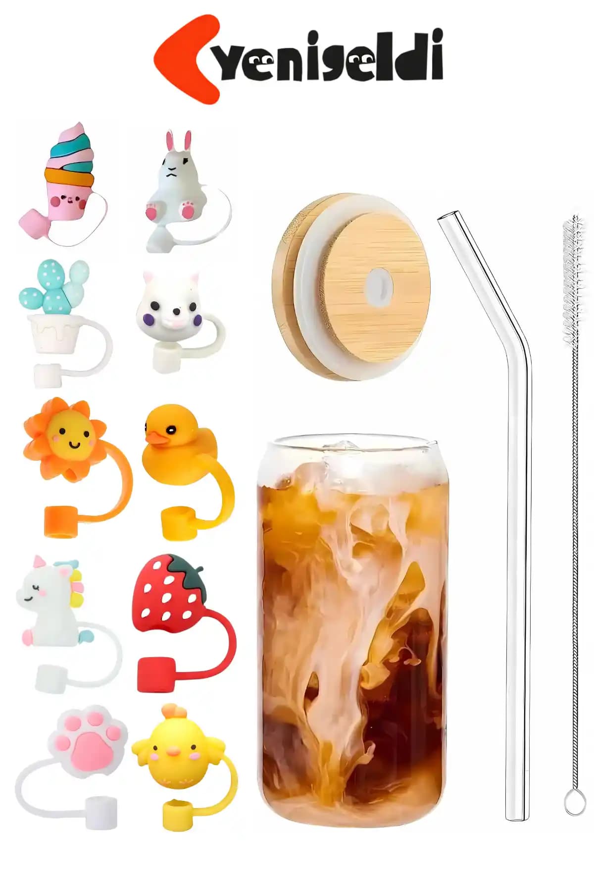 Yenigeldi 300 ml Cam Bardak Sızdırmaz Kapak ve Silikon Pipetli Doğal Malzeme