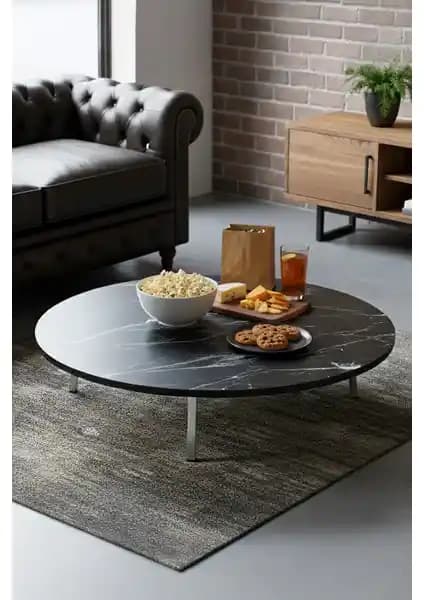 Zevahir Mobilya Siyah Mermer Desenli Metal Katlanır Yuvarlak Yer Sofrası Özellikleri ve Kullanım Alanları