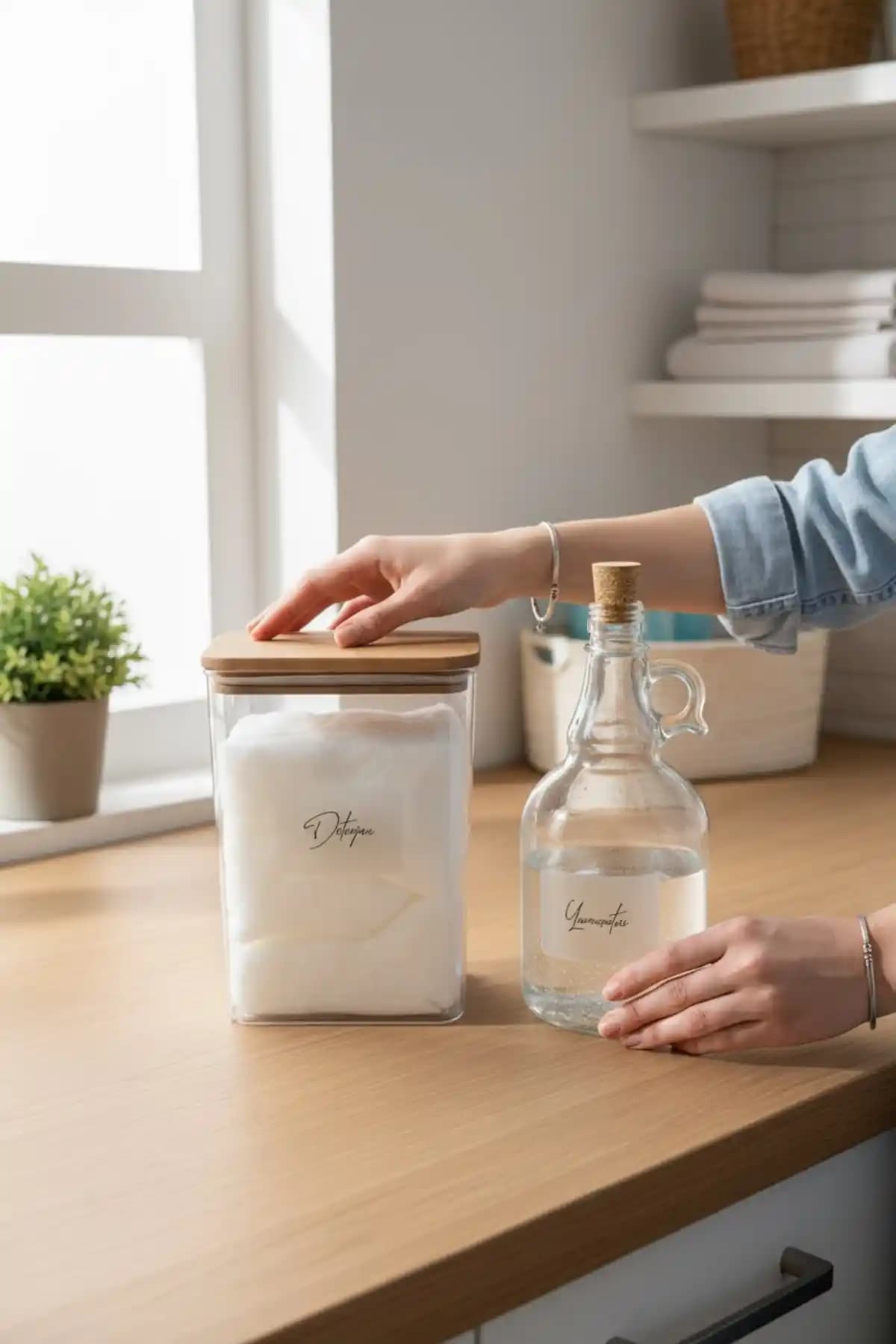 ZezeDesing Ahşap Kapaklı Deterjan Kavanozu ve Yu<muş>atıcı Şişesi Seti Modern Ev Temizlik Aksesuarları