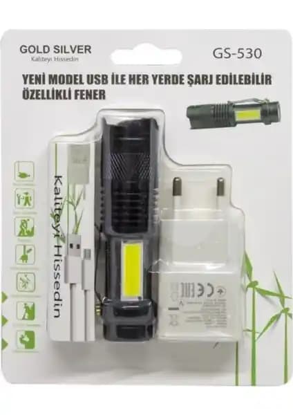 Gold Silver GS-530 USB Şarj Edilebilir El Feneri Yüksek Parlaklık ve Dayanıklı Tasarım