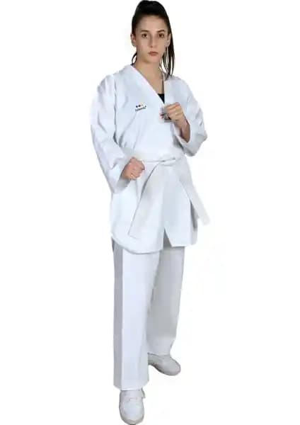 Haşado Taekwondo Beyaz Yaka Fitilli Acemi Elbise: Dayanıklı ve Konforlu Spor Kıyafeti