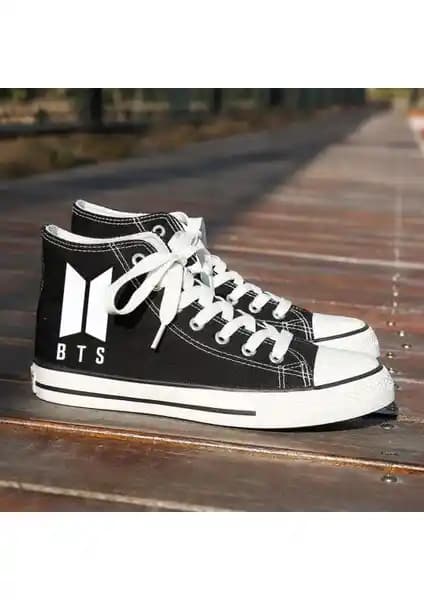 Lideral Unisex Günlük Siyah Keten Spor Ayakkabı BTS Baskısı ve Rahat Tasarımıyla