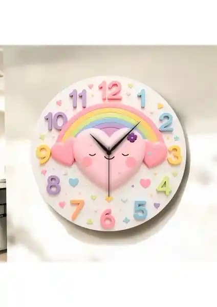 AA Shop Renkli Baskı Kalp Çocuk Desenli Ahşap Sessiz Duvar Saati 45CM
