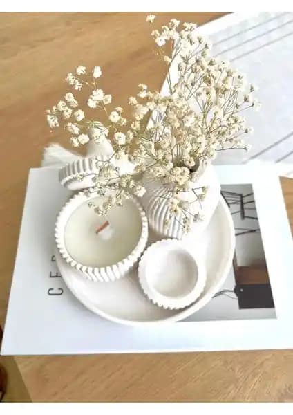 Askar Decor Beyaz Kokulu Mum ve Vazo Aksesuar Seti Modern ve Şık Dekorasyon Çözümü