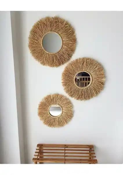 BH Bohem El Yapımı 3'lü Rafya Ayna Seti Doğal ve Şık Dekorasyon Çözümü