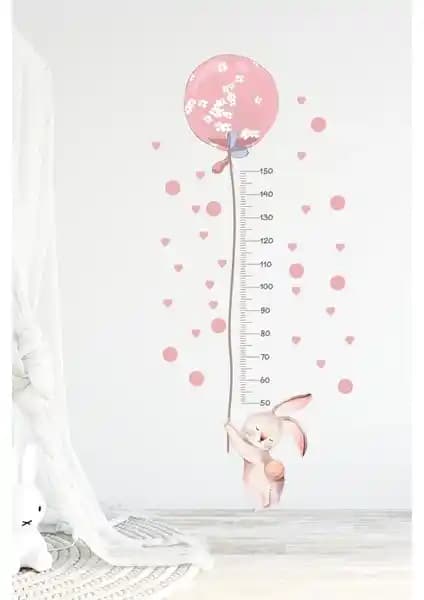 Çocuk Odası Dekorasyonu İçin Balonlu Tavşan ve Kalpler Temalı Duvar Sticker Seti