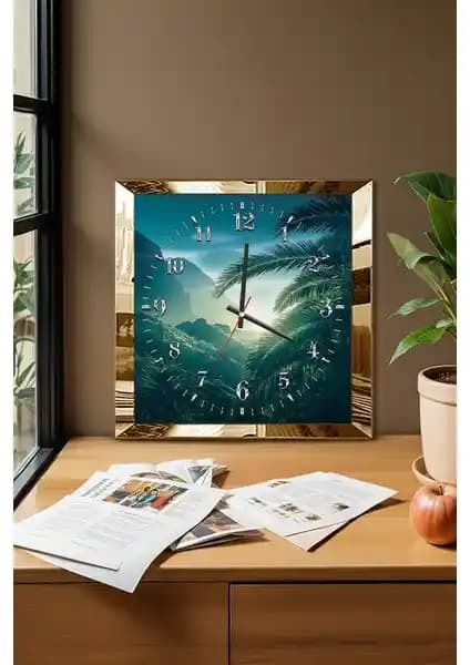 Zevahir Mobilya Gold Çerçeveli Doğa Temalı Dekoratif MDF Duvar Saati 30x30, 40x40 ve 50x50 cm Boyut Seçenekleriyle