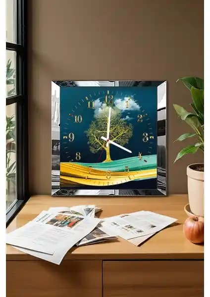 Zevahir Mobilya Gümüş Çerçeveli Modern Zaman Ağacı Temalı Duvar Saati