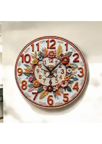 AA Shop Çiçek Kabartma Desenli Renkli Ahşap Duvar Saati 45cm Modern Dekorasyon İçin