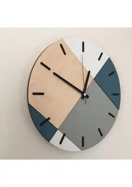 Amorf Kitap Ahşap Geometrik Desenli Mavi Duvar Saati - Modern ve Şık Tasarım