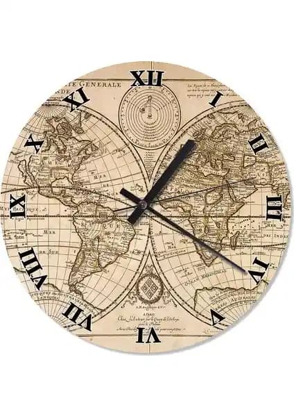 Antik Dünya Haritası Temalı Sessiz Duvar Saati Modern ve Şık Tasarım