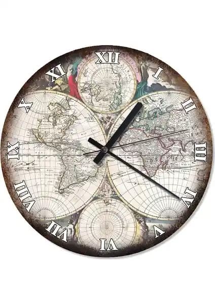 Antik Harita ve Grafik Temalı Duvar Saati Ev Dekorasyonunda Şıklık ve İşlevsellik