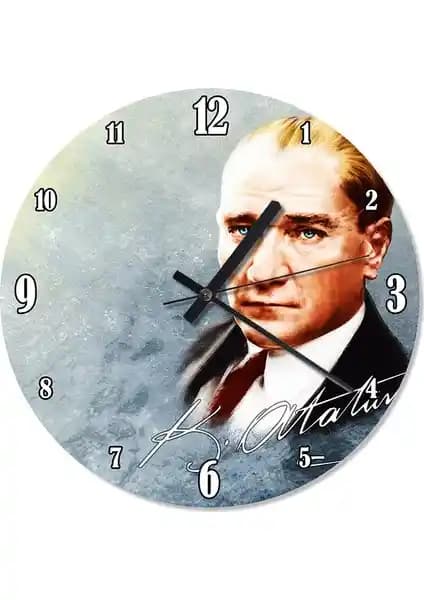 Atatürk İmza Detaylı Mavi Zeminli Duvar Saati - Estetik ve Modern Dekorasyon Parçası