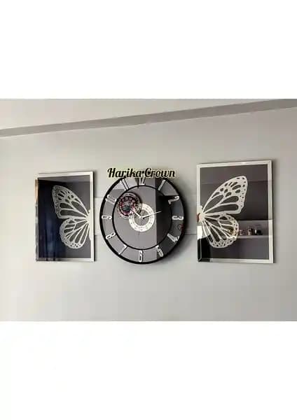 Harika Crown Aynalı Kelebek Tablo ve Saat Seti Modern ve Şık Ev Dekorasyonu İçin Ideal