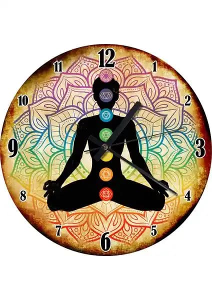 Karizma Tablo 7 Çakra Sembolü ve Yoga Ahşap Duvar Saati: Spiritüel ve Estetik Dekorasyon