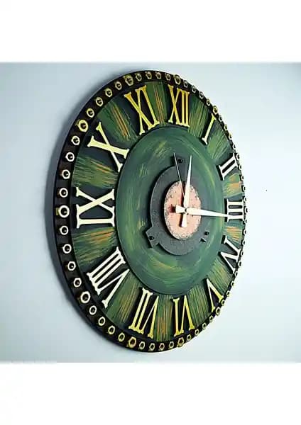 Kayra Duvar Saati Somun Green Roma 50CM - Modern Ahşap Dekoratif Saat