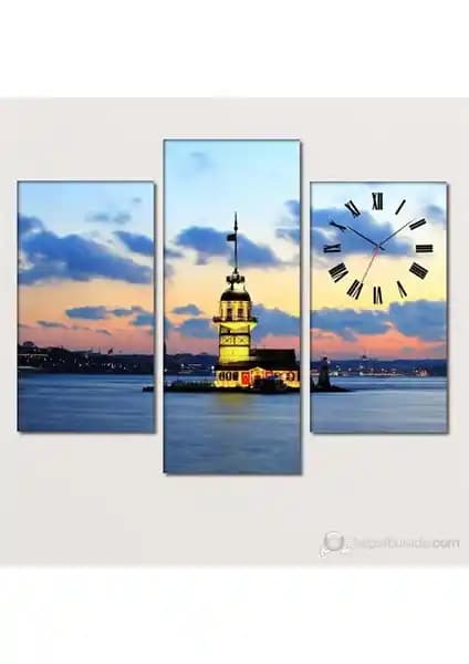Kız Kulesi Temalı Üç Parçalı Canvas Tablo Saat ile İç Mekan Dekorasyonunuzu Zenginleştirin