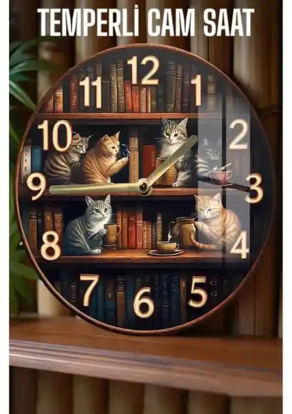 Kütüphane Temalı Sevimli Kedi Desenli 3D Görünümlü Temperli Cam Saat - Şık ve Fonksiyonel Dekorasyon