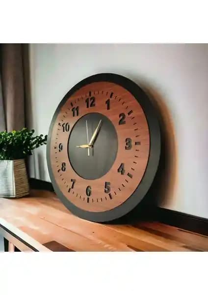 Modern Siyah Ahşap Ceviz Renk Duvar Saati 50cm Şık ve Sessiz Tasarım