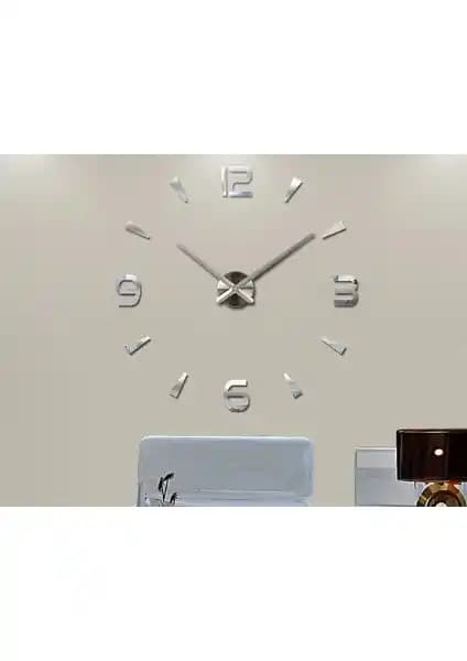Platin Saat 3D Gümüş Büyük Boy Sayı Yapışkanlı Duvar Saati Dekoratif Modern Tasarım
