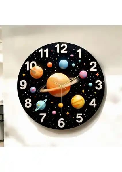 Renkli Uzay Temalı Ahşap Çocuk Duvar Saati 45cm Modern ve Dayanıklı Tasarım
