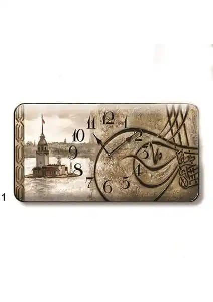 Time Gold Sardunya Duvar Saati Kız Kulesi ve Tuğra Motifleriyle Modern Dekorasyon Ürünü