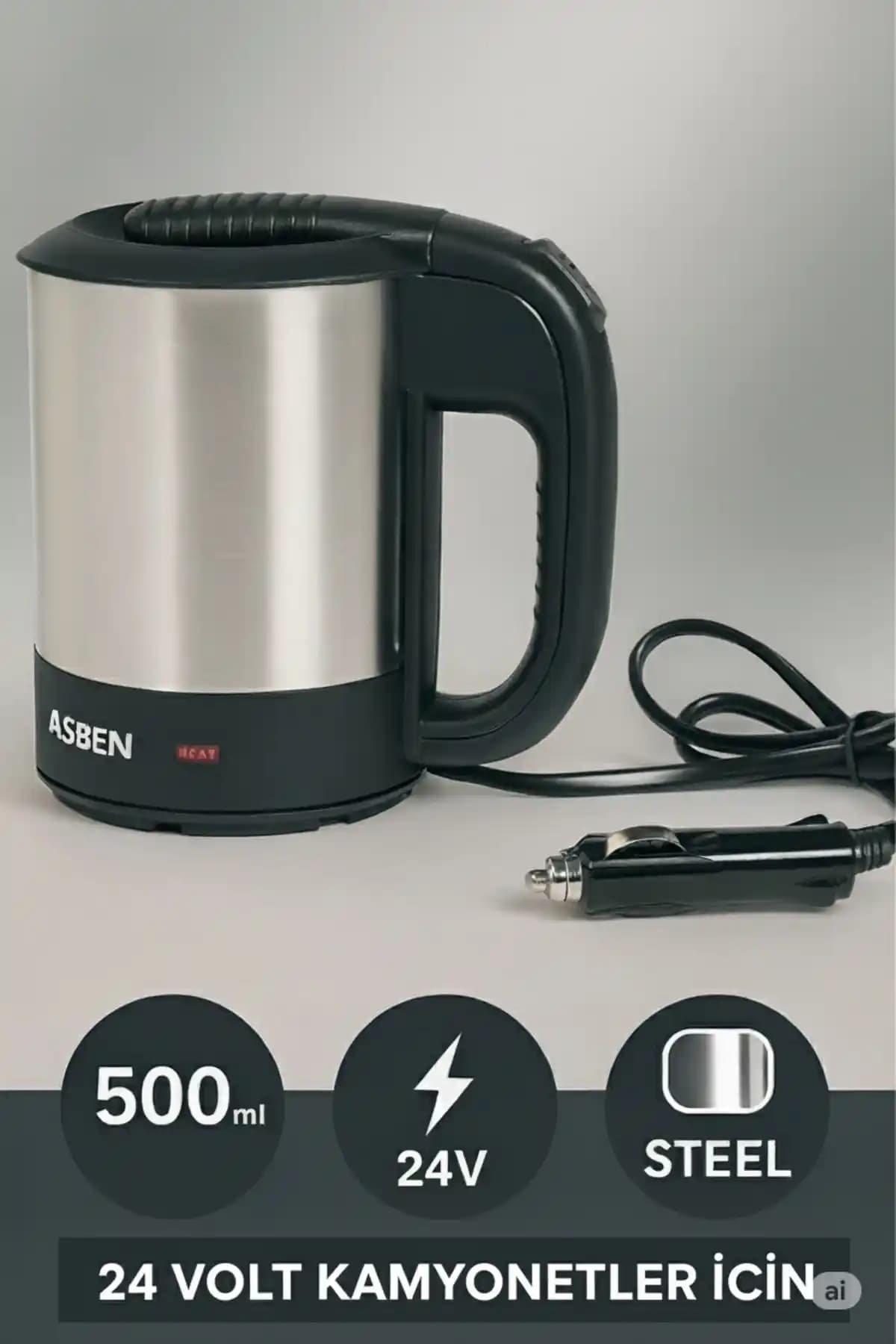 AGUILAS 24 Volt Araç Kettle: Yarım Litre Kapasiteli Paslanmaz Çelik Su Isıtıcı
