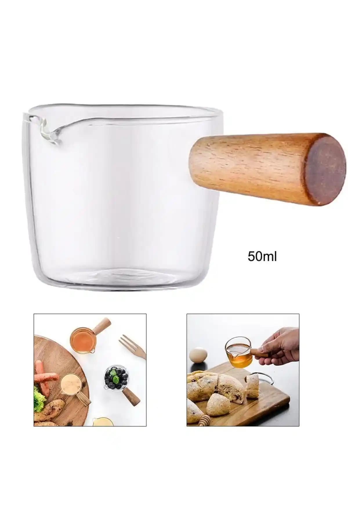 Ahşap Saplı Barosilikat Cam Mini Sütlük-Sosluk-Reçellik 50 ml Kapasiteli