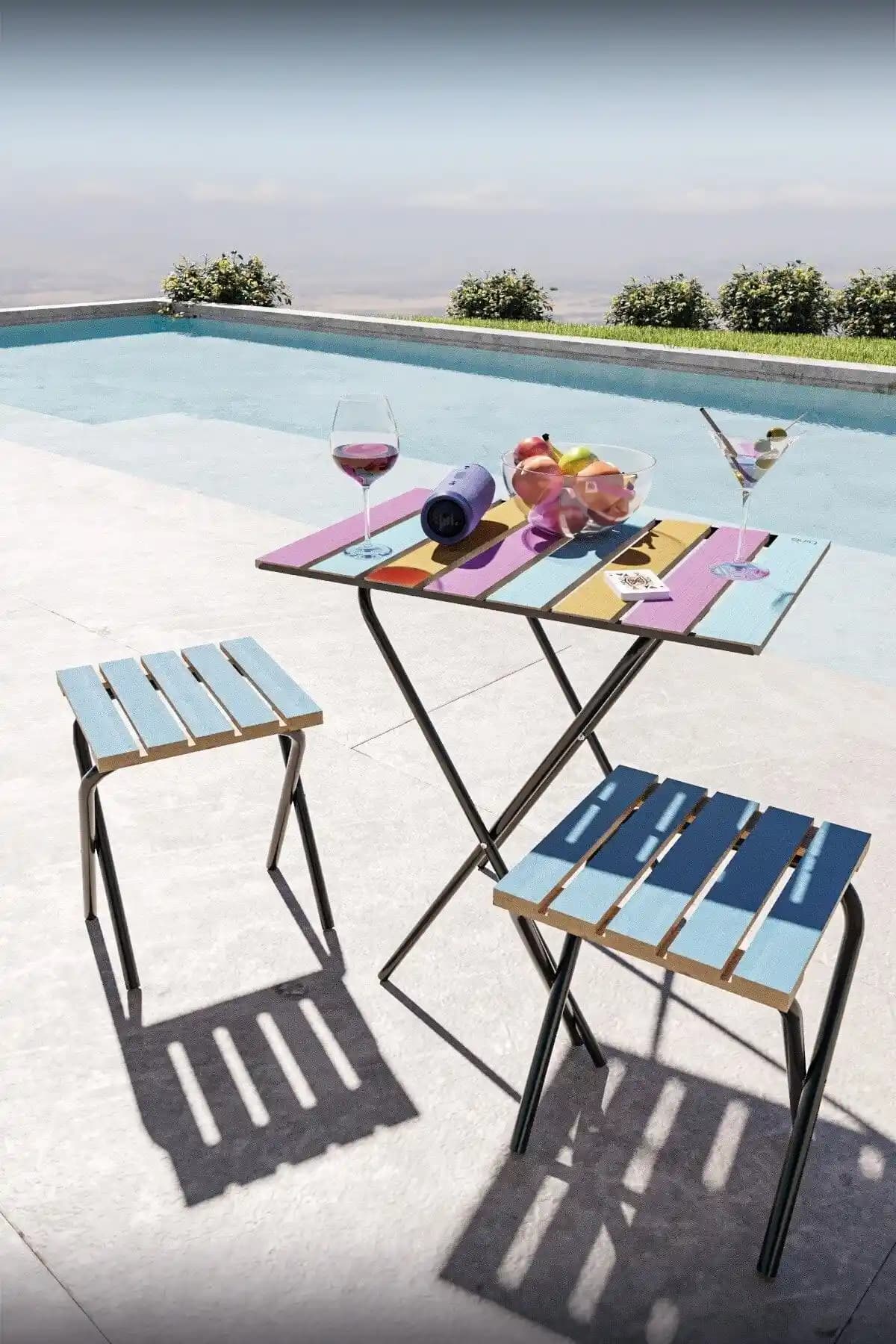 Bino Yükseklik Ayarlı Ahşap Bahçe ve Kamp Masası 3'lü Katlanabilir Set