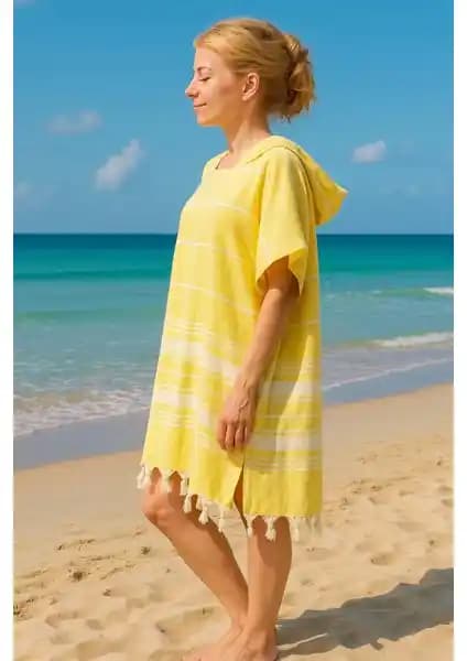 Formeya %100 Pamuklu Kapüşonlu Peştemal Panço Bornoz - Sarı, Rahat ve Fonksiyonel