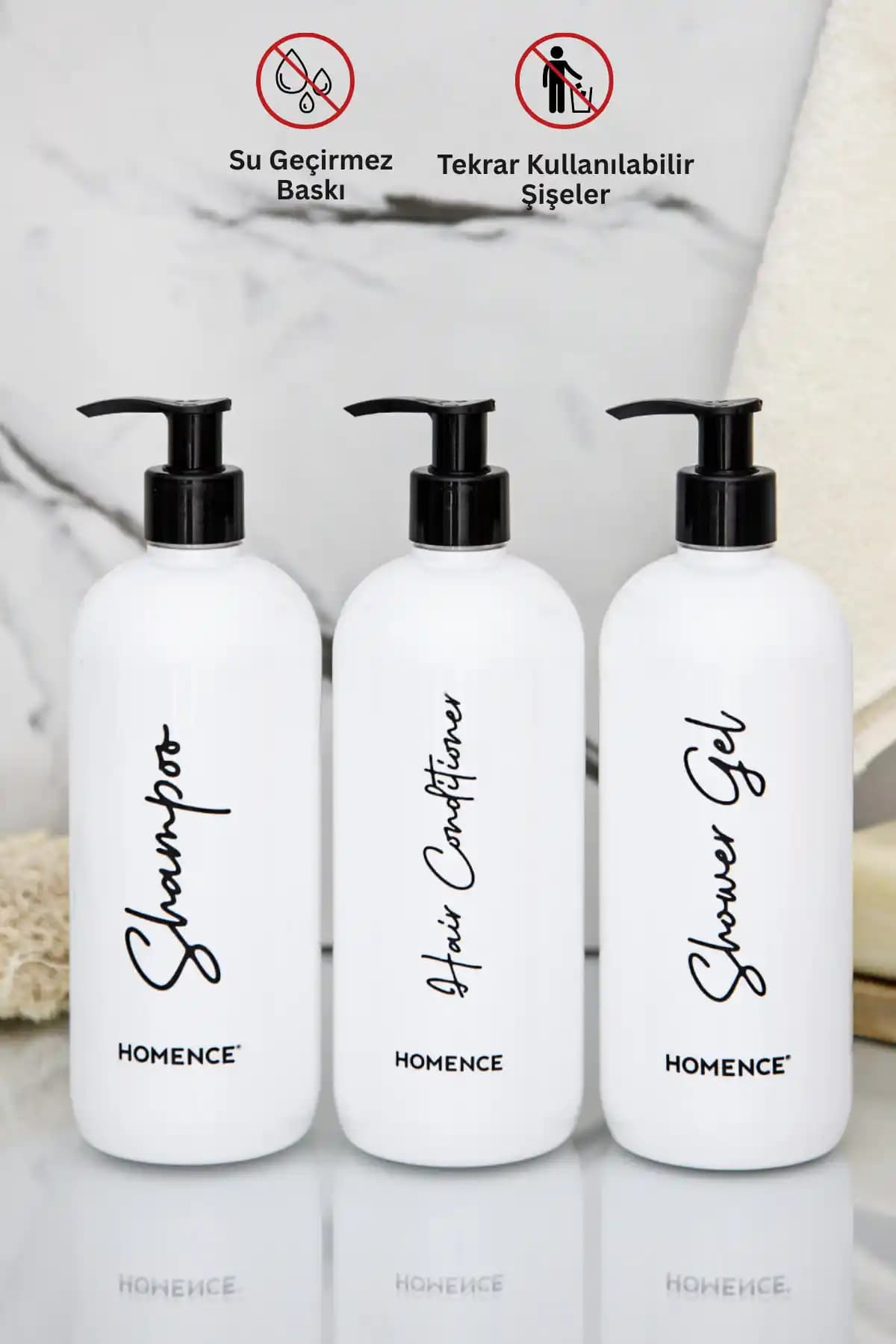 Homence 3'lü Şampuan, Duş Jeli ve Saç Kremi Seti 500 ml Plastik Şişe ve Beyaz Sabunluk